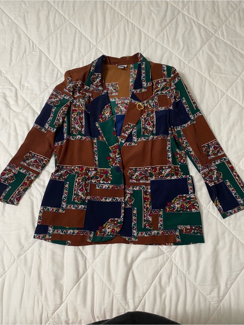 Bedford Fare Vtg Patterned Patchwork Blazer Jacket in Brown, Navy & Green 16